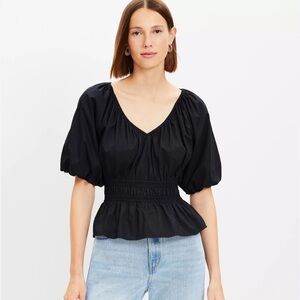 NWT LOFT Women's Romantic Black Peasant Smocked Waist Peplum Blouse Size Small
